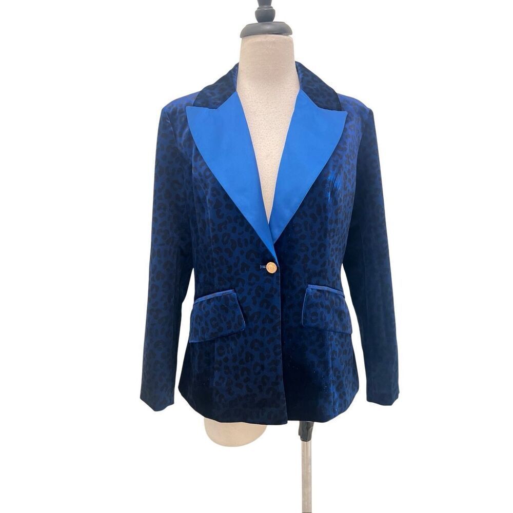 Oyrosy Womens Leopard Print One Button Velvet Blazer Jacket Blue Black Small NWT